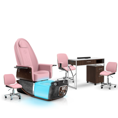 Ice Pink-Black Moonstone-Dark Walnut Lexor PRIVÉ ONE Pedicure Chair and Matching PRIVÉ Nail Table Set