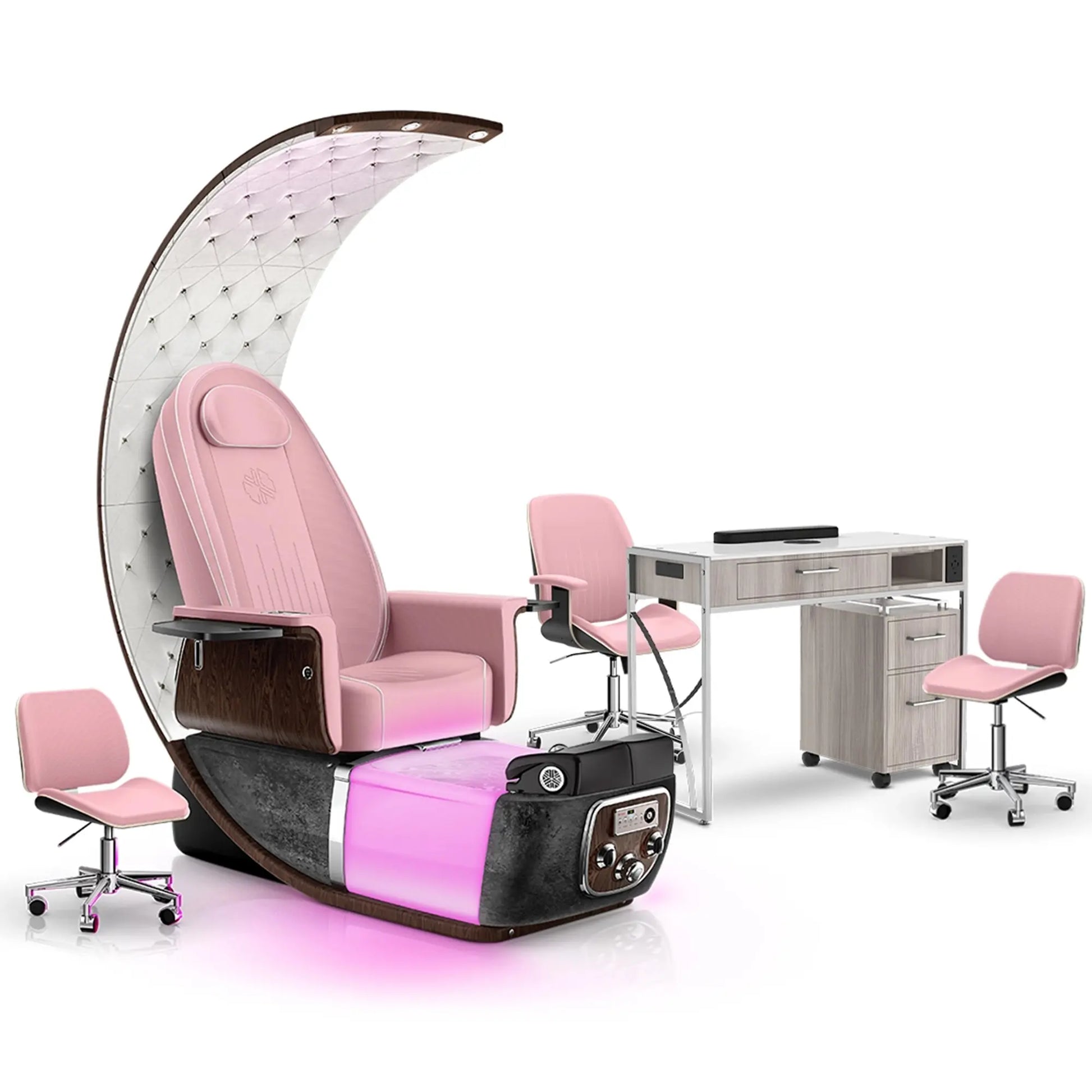 Ice Pink-Black Moonstone-Hazel Lexor PRIVÉ Lounge Pedicure Chair and Matching PRIVÉ Nail Table Set
