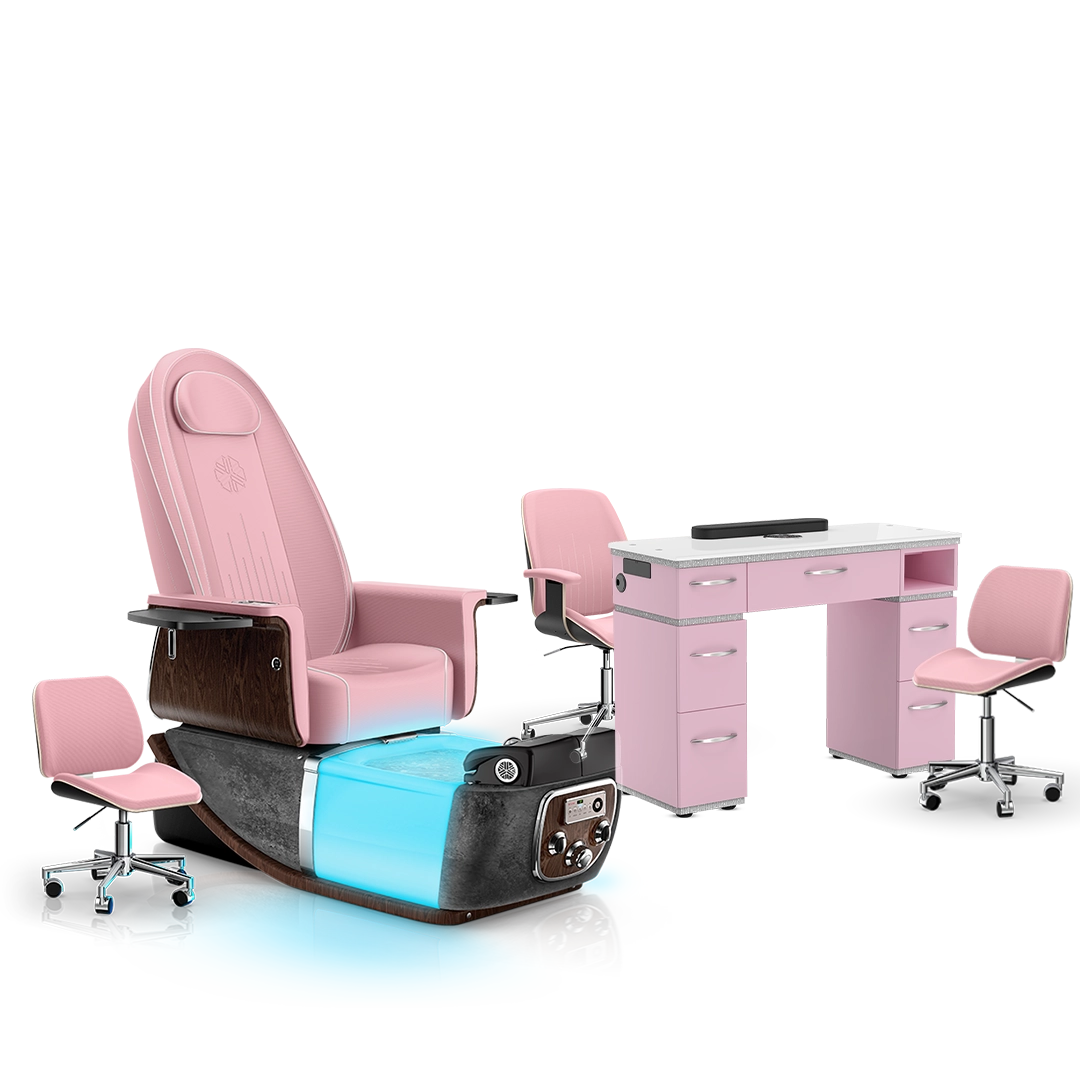 Ice Pink-Black Moonstone-Pink Lexor PRIVÉ ONE Pedicure Chair and Matching PRIVÉ Nail Table Set