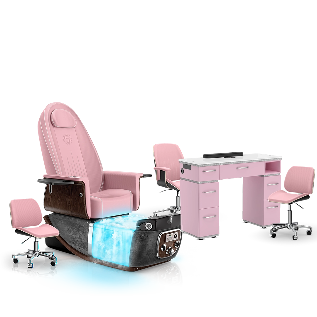 Ice Pink-Black Moonstone-Pink Lexor PRIVÉ ONE Pedicure Chair with Thera-Mist and Matching PRIVÉ Nail Table Set