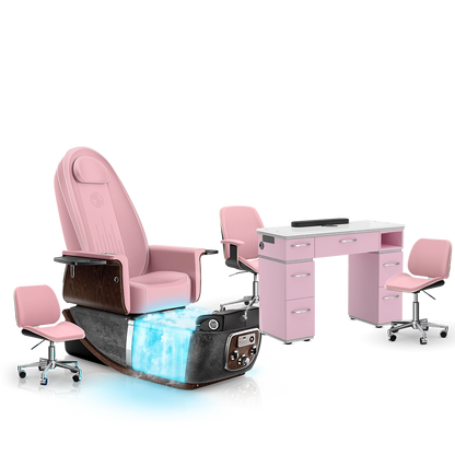 Ice Pink-Black Moonstone-Pink Lexor PRIVÉ ONE Pedicure Chair with Thera-Mist and Matching PRIVÉ Nail Table Set