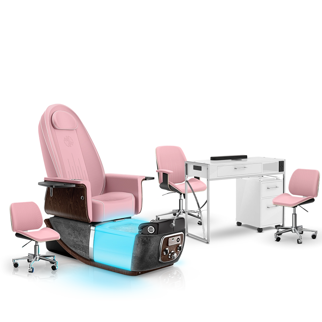 Ice Pink-Black Moonstone-White Lexor PRIVÉ ONE Pedicure Chair and Matching PRIVÉ Nail Table Set