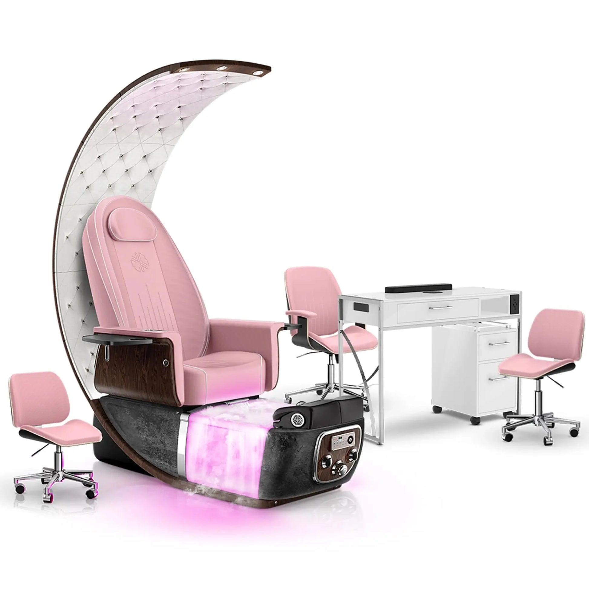 Ice Pink-Black Moonstone-White Lexor PRIVÉ Lounge Pedicure Chair  with Thera-Mist and Matching PRIVÉ Nail Table Set