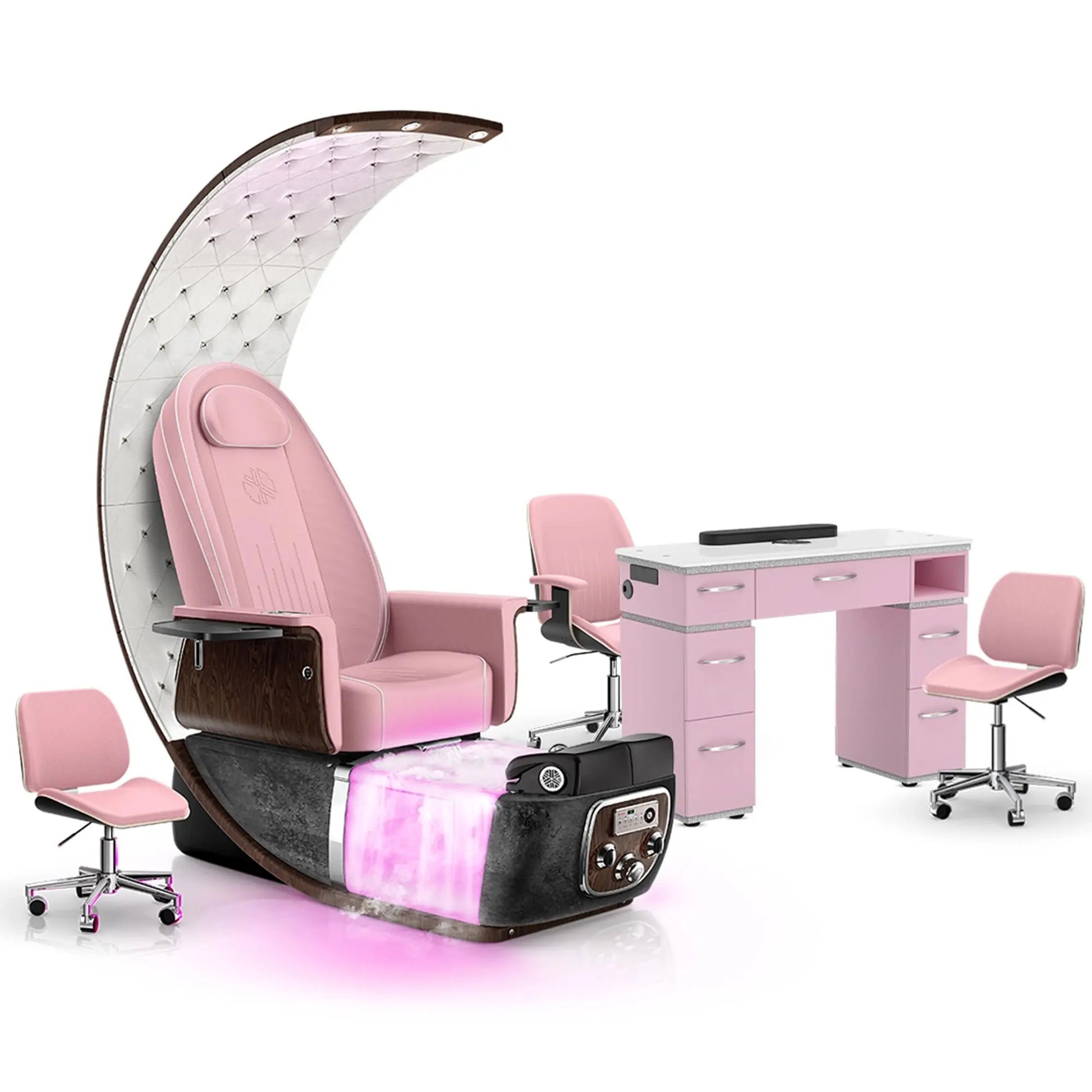 Ice Pink-Black Moonstone-Pink Lexor PRIVÉ Lounge Pedicure Chair  with Thera-Mist and Matching PRIVÉ Nail Table Set