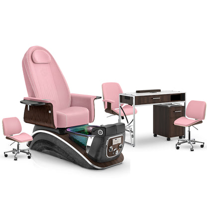 Ice Pink-Black Moonstone-Dark Walnut Lexor Mystique Pedicure Chair and Matching Nail Table Set