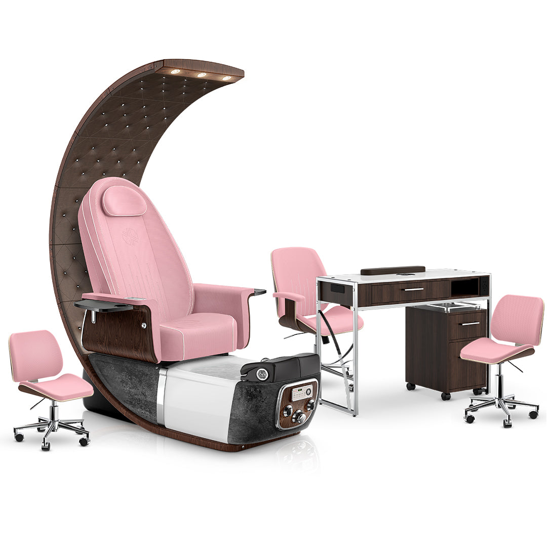 Ice Pink-Black Moonstone-Cola-Dark Walnut Lexor PRIVÉ Lounge Pedicure Chair and Matching PRIVÉ Nail Table Set