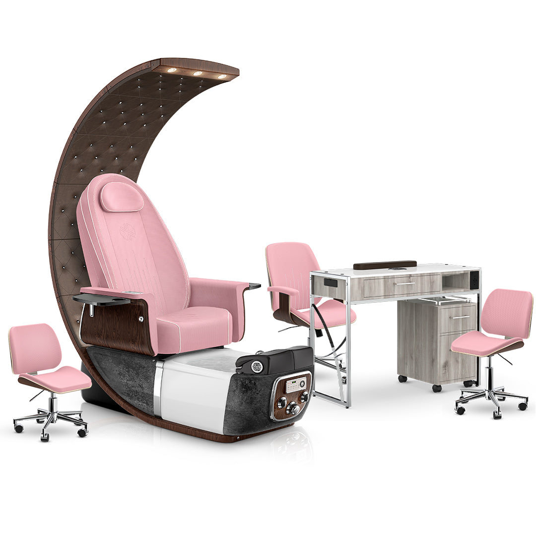 Ice Pink-Black Moonstone-Cola-Hazel Lexor PRIVÉ Lounge Pedicure Chair and Matching PRIVÉ Nail Table Set