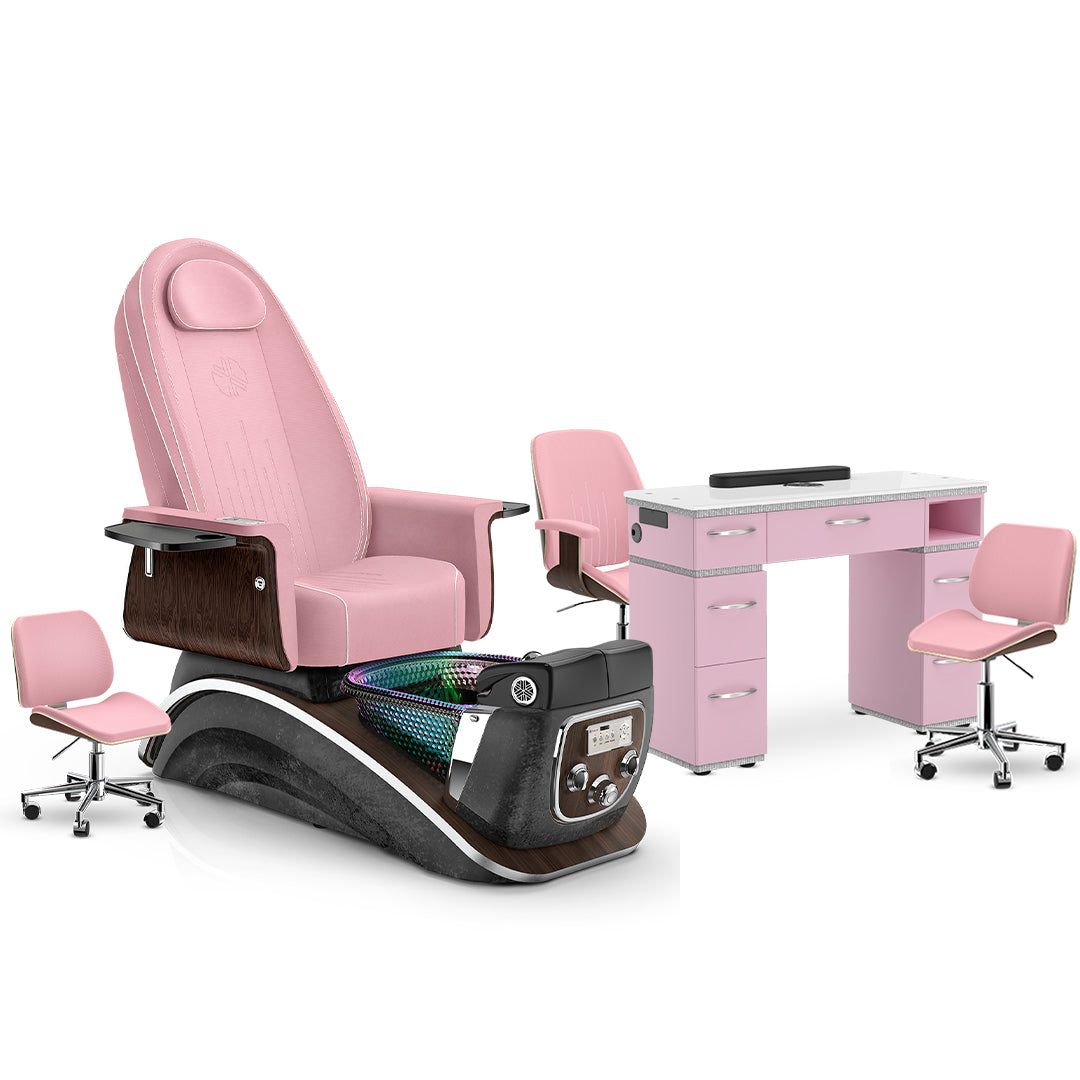 Ice Pink-Black Moonstone-Pink Lexor Mystique Pedicure Chair and Matching Nail Table Set