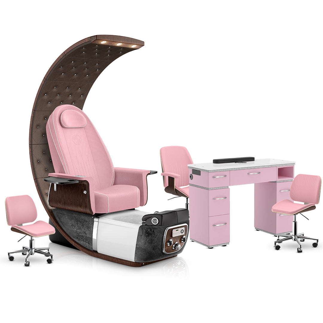 Ice Pink-Black Moonstone-Cola-Pink Lexor PRIVÉ Lounge Pedicure Chair and Matching PRIVÉ Nail Table Set