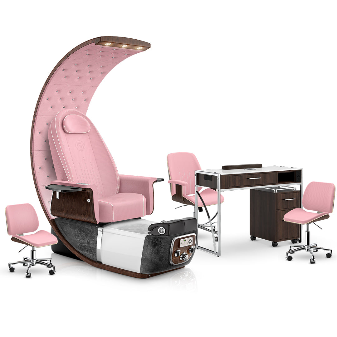 Ice Pink-Black Moonstone-Pink-Dark Walnut Lexor PRIVÉ Lounge Pedicure Chair and Matching PRIVÉ Nail Table Set