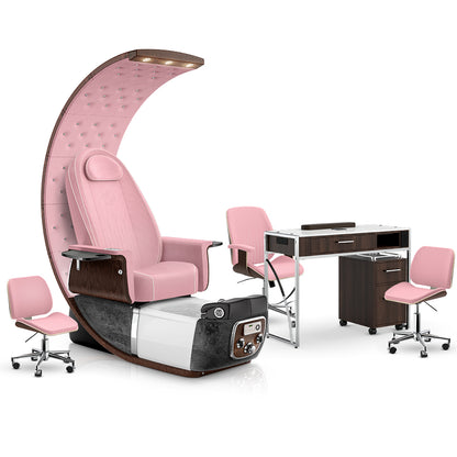Ice Pink-Black Moonstone-Pink-Dark Walnut Lexor PRIVÉ Lounge Pedicure Chair and Matching PRIVÉ Nail Table Set