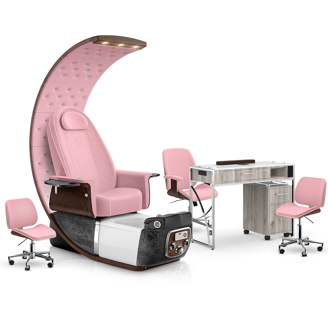 Ice Pink-Black Moonstone-Pink-Hazel Lexor PRIVÉ Lounge Pedicure Chair and Matching PRIVÉ Nail Table Set