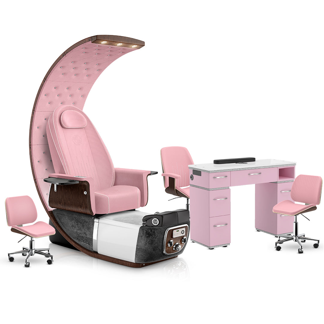 Ice Pink-Black Moonstone-Pink-Pink Lexor PRIVÉ Lounge Pedicure Chair and Matching PRIVÉ Nail Table Set