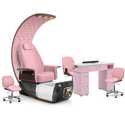 Ice Pink-Black Moonstone-Pink-Pink Lexor PRIVÉ Lounge Pedicure Chair and Matching PRIVÉ Nail Table Set