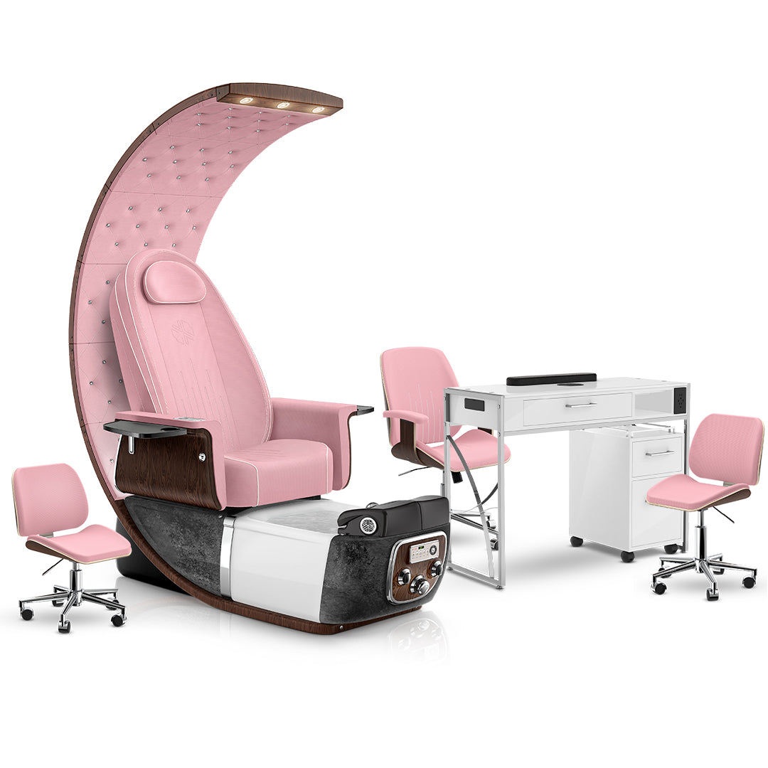 Ice Pink-Black Moonstone-Pink-White Lexor PRIVÉ Lounge Pedicure Chair and Matching PRIVÉ Nail Table Set