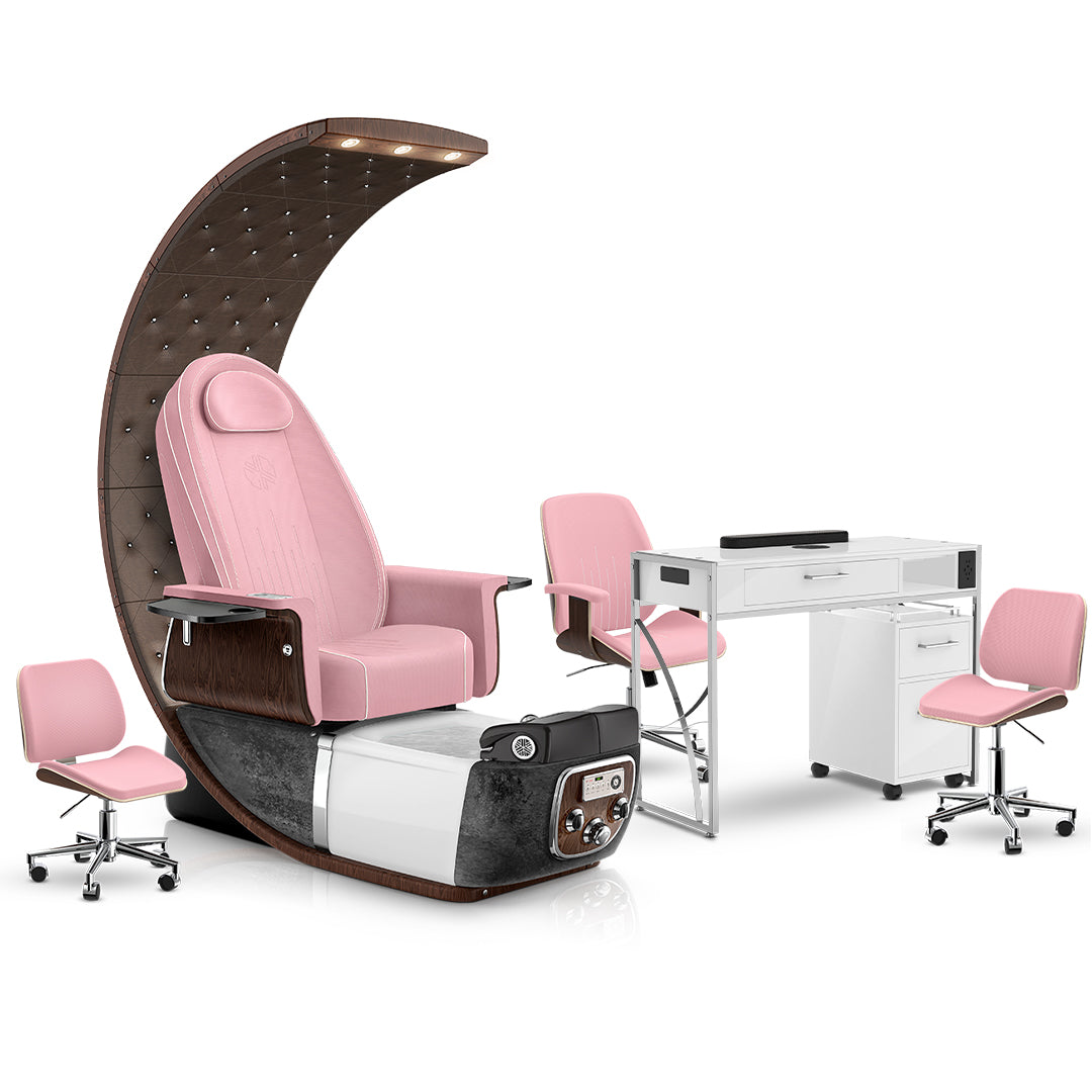 Ice Pink-Black Moonstone-Cola-White Lexor PRIVÉ Lounge Pedicure Chair and Matching PRIVÉ Nail Table Set