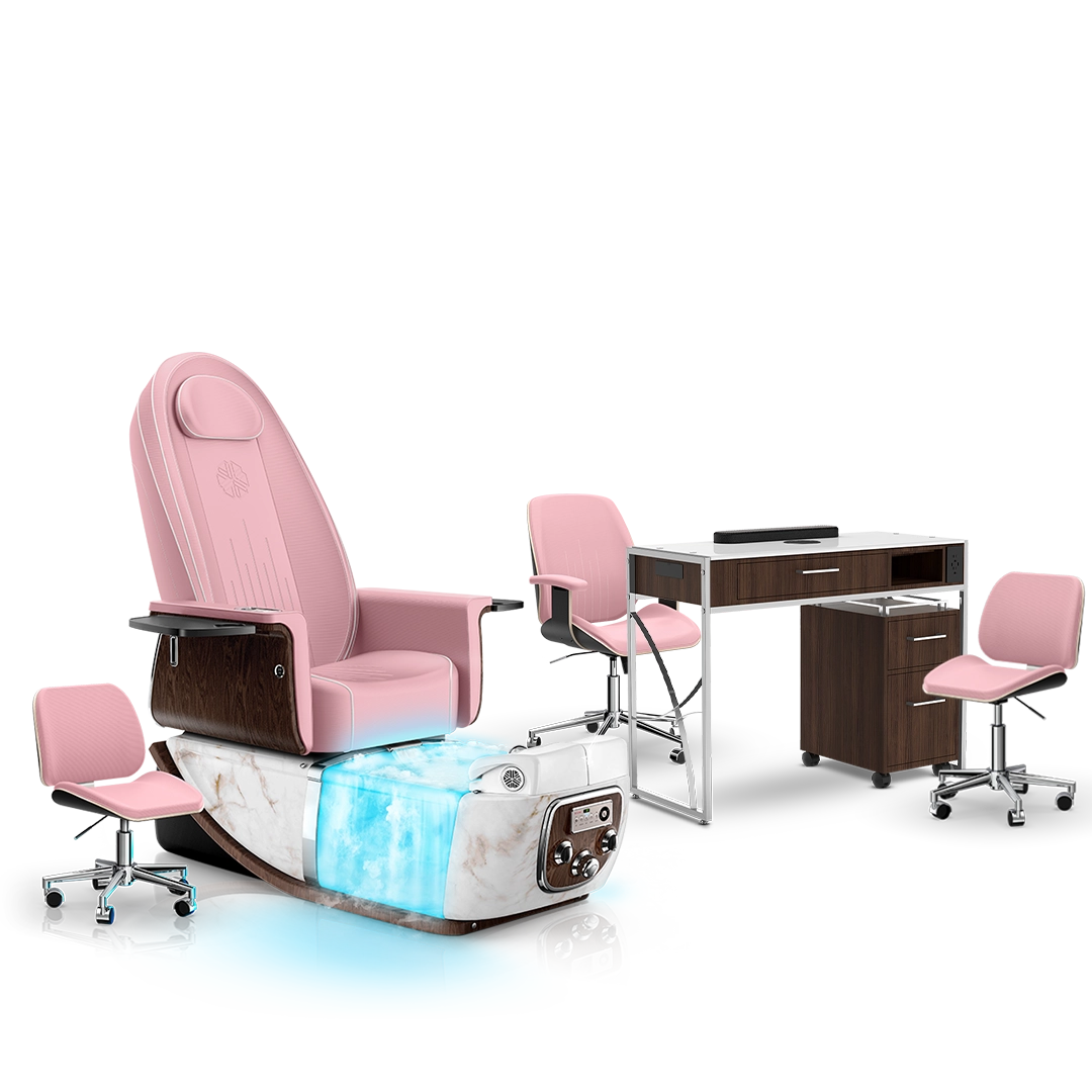 Ice Pink-White Moonstone-Dark Walnut Lexor PRIVÉ ONE Pedicure Chair with Thera-Mist and Matching PRIVÉ Nail Table Set