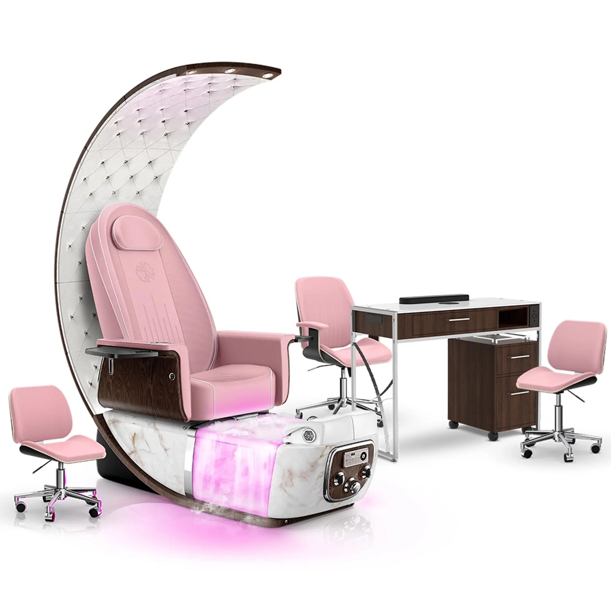 Ice Pink-White Moonstone-Dark Walnut Lexor PRIVÉ Lounge Pedicure Chair  with Thera-Mist and Matching PRIVÉ Nail Table Set