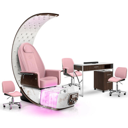 Ice Pink-White Moonstone-Dark Walnut Lexor PRIVÉ Lounge Pedicure Chair  with Thera-Mist and Matching PRIVÉ Nail Table Set