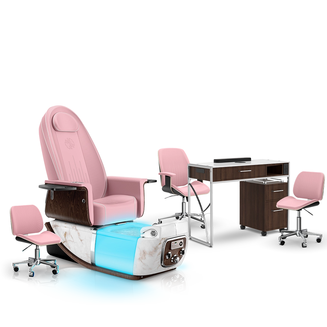 Ice Pink-White Moonstone-Dark Walnut Lexor PRIVÉ ONE Pedicure Chair and Matching PRIVÉ Nail Table Set