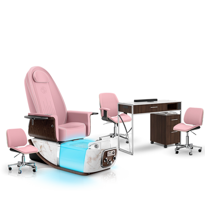 Ice Pink-White Moonstone-Dark Walnut Lexor PRIVÉ ONE Pedicure Chair and Matching PRIVÉ Nail Table Set