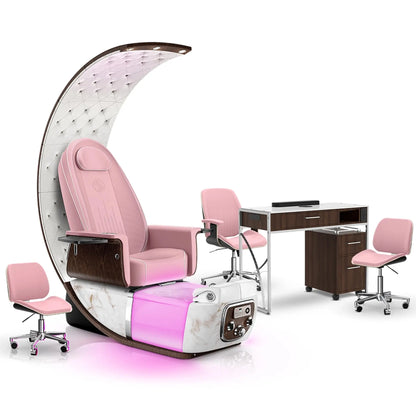 Ice Pink-White Moonstone-Dark Walnut Lexor PRIVÉ Lounge Pedicure Chair and Matching PRIVÉ Nail Table Set