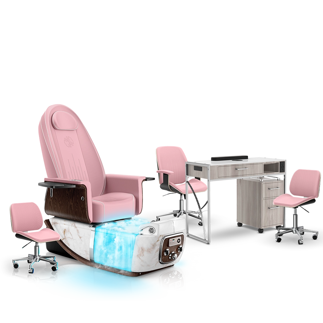Ice Pink-White Moonstone-Hazel Lexor PRIVÉ ONE Pedicure Chair with Thera-Mist and Matching PRIVÉ Nail Table Set
