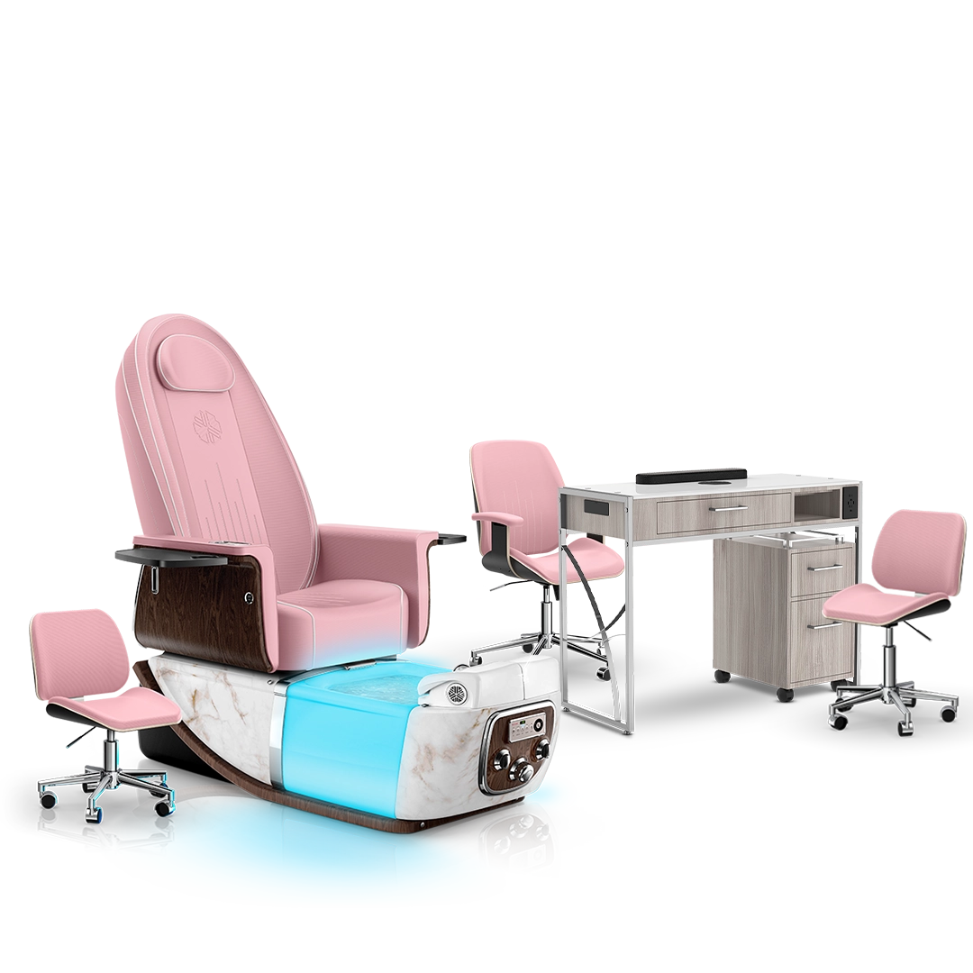 Ice Pink-White Moonstone-Hazel Lexor PRIVÉ ONE Pedicure Chair and Matching PRIVÉ Nail Table Set