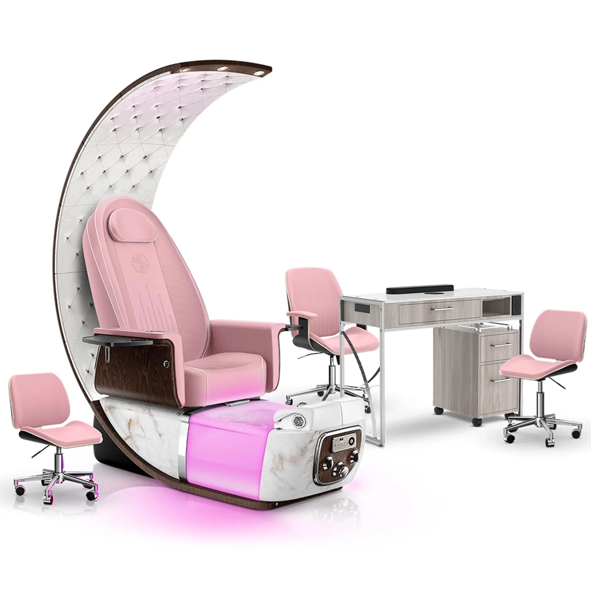 Ice Pink-White Moonstone-Hazel Lexor PRIVÉ Lounge Pedicure Chair and Matching PRIVÉ Nail Table Set