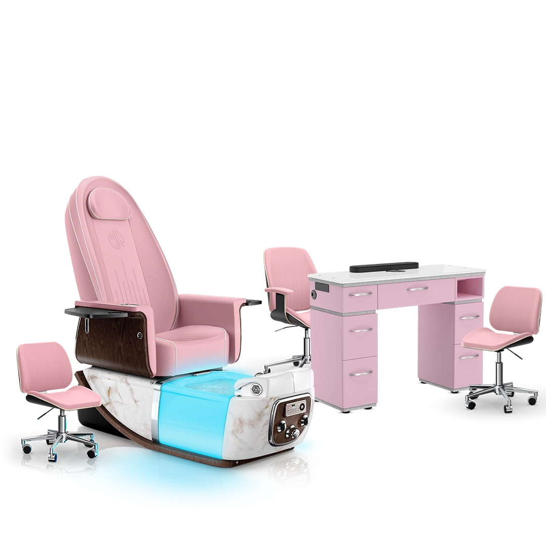 Ice Pink-White Moonstone-Pink Lexor PRIVÉ ONE Pedicure Chair and Matching PRIVÉ Nail Table Set