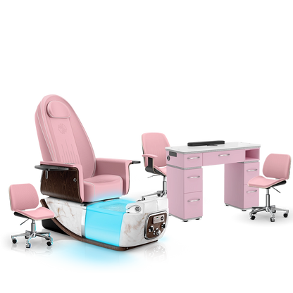 Ice Pink-White Moonstone-Pink Lexor PRIVÉ ONE Pedicure Chair and Matching PRIVÉ Nail Table Set