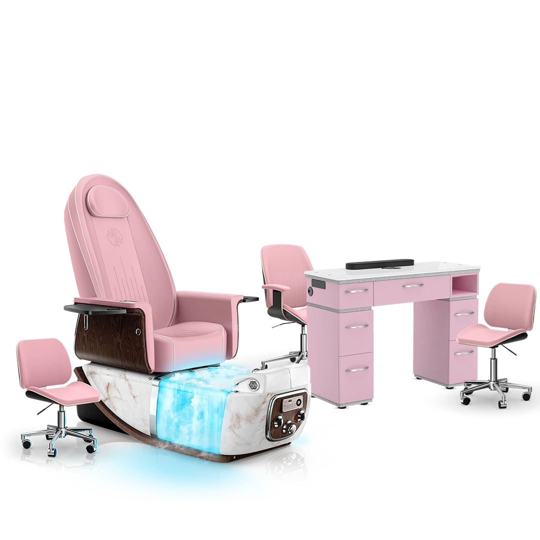 Ice Pink-White Moonstone-Pink Lexor PRIVÉ ONE Pedicure Chair with Thera-Mist and Matching PRIVÉ Nail Table Set