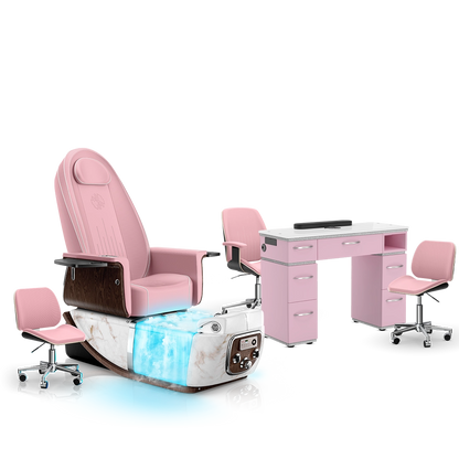 Ice Pink-White Moonstone-Pink Lexor PRIVÉ ONE Pedicure Chair with Thera-Mist and Matching PRIVÉ Nail Table Set