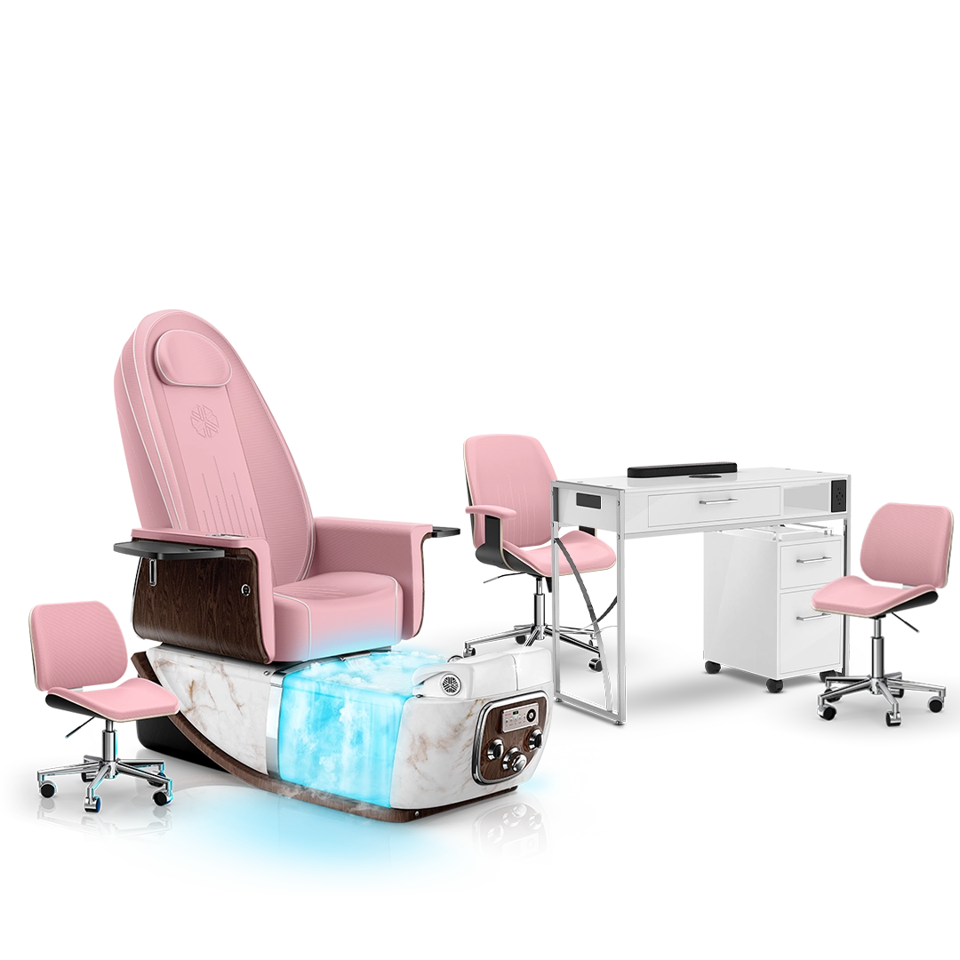 Ice Pink-White Moonstone-White Lexor PRIVÉ ONE Pedicure Chair with Thera-Mist and Matching PRIVÉ Nail Table Set