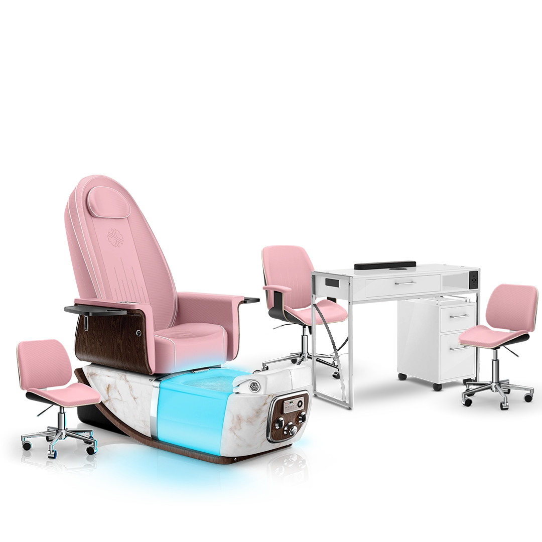 Ice Pink-White Moonstone-White Lexor PRIVÉ ONE Pedicure Chair and Matching PRIVÉ Nail Table Set