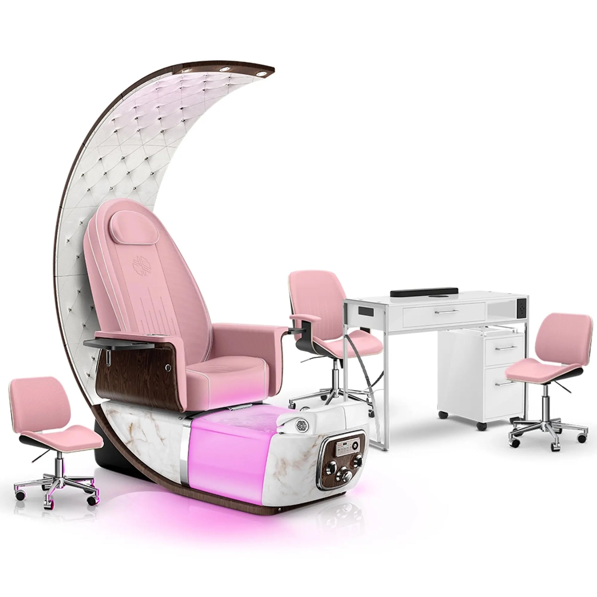 Ice Pink-White Moonstone-White Lexor PRIVÉ Lounge Pedicure Chair and Matching PRIVÉ Nail Table Set