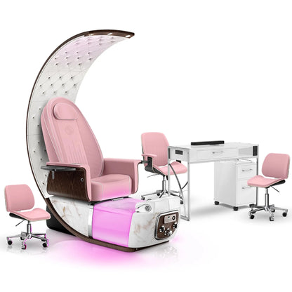 Ice Pink-White Moonstone-White Lexor PRIVÉ Lounge Pedicure Chair and Matching PRIVÉ Nail Table Set