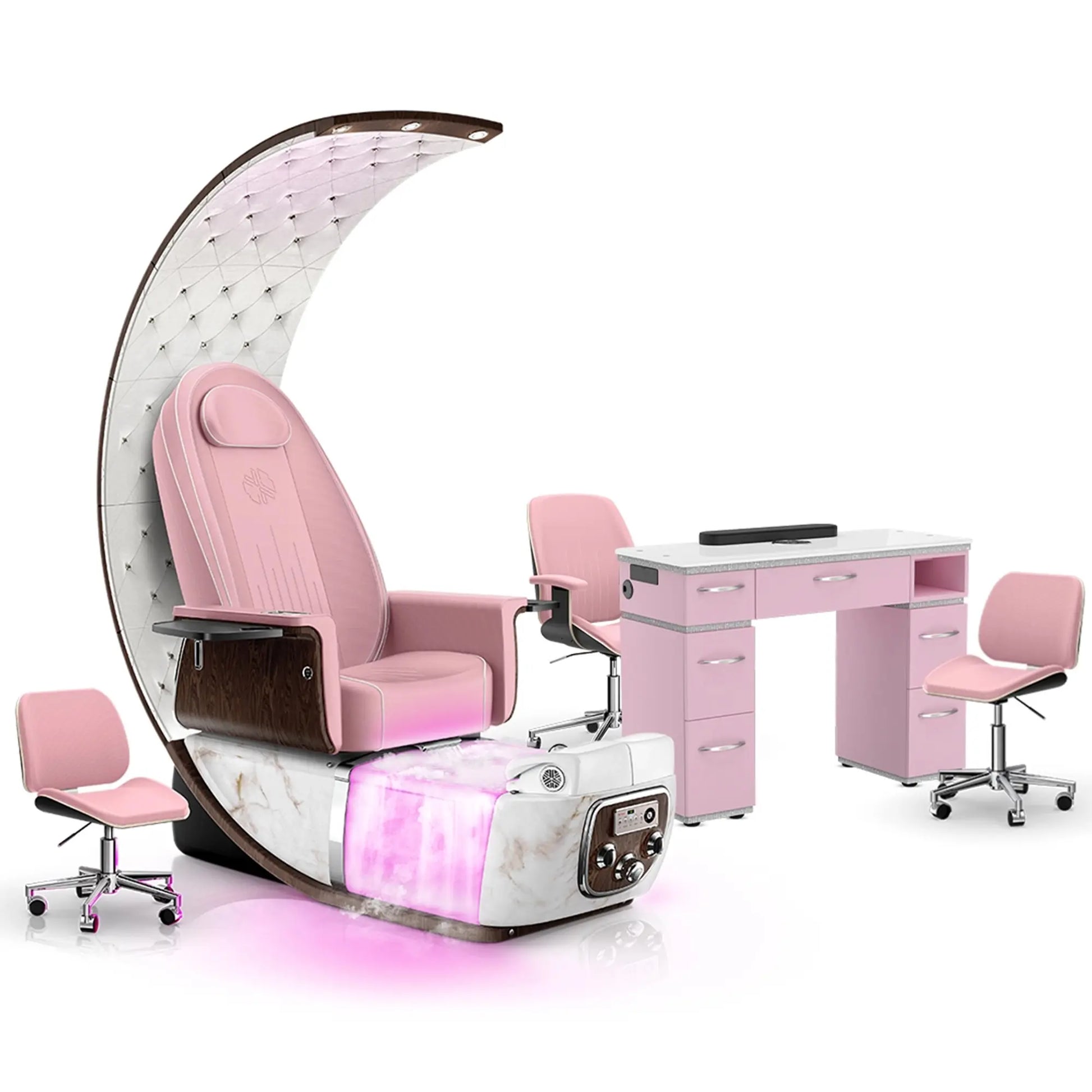 Ice Pink-White Moonstone-Pink Lexor PRIVÉ Lounge Pedicure Chair  with Thera-Mist and Matching PRIVÉ Nail Table Set