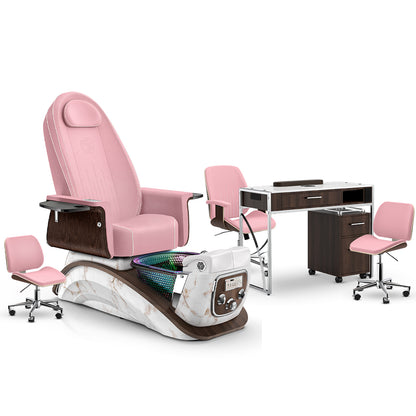 Ice Pink-White Moonstone-Dark Walnut Lexor Mystique Pedicure Chair and Matching Nail Table Set