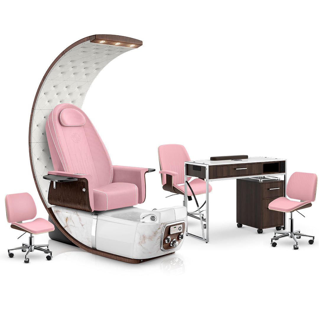 Ice Pink-White Moonstone-Opal-Dark Walnut Lexor PRIVÉ Lounge Pedicure Chair and Matching PRIVÉ Nail Table Set