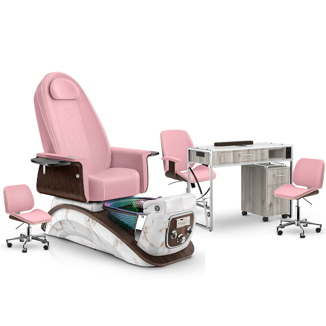 Ice Pink-White Moonstone-Hazel Lexor Mystique Pedicure Chair and Matching Nail Table Set
