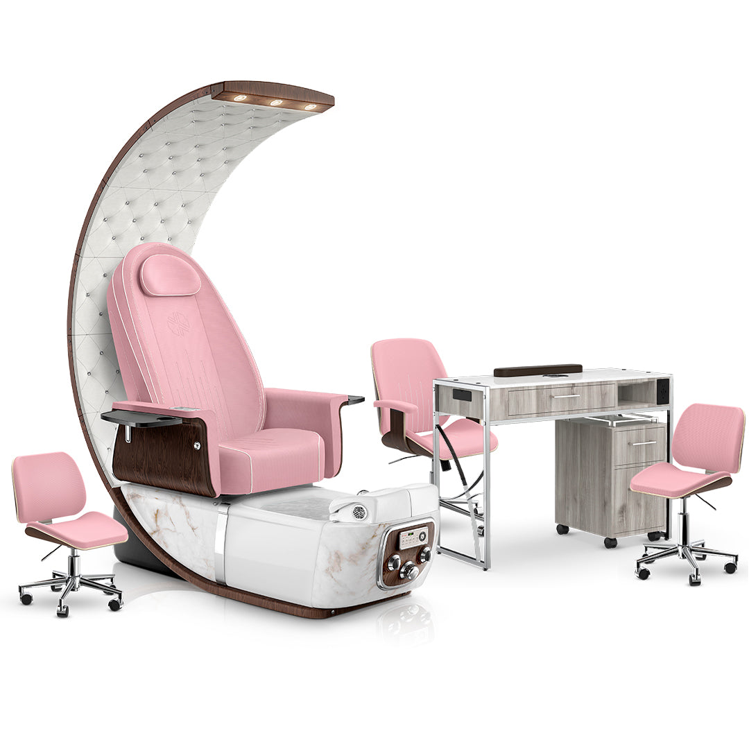 Ice Pink-White Moonstone-Opal-Hazel Lexor PRIVÉ Lounge Pedicure Chair and Matching PRIVÉ Nail Table Set