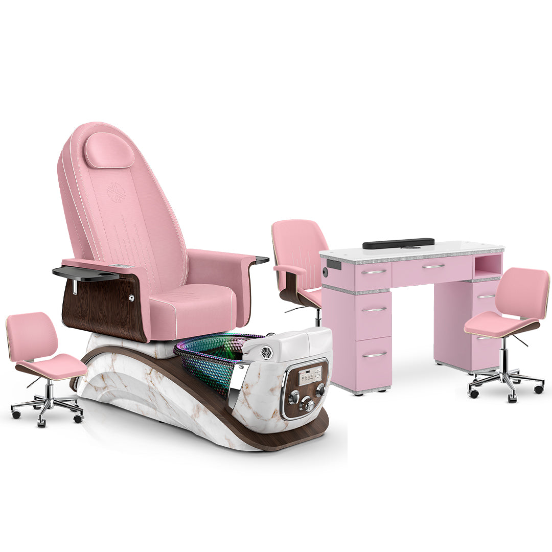 Ice Pink-White Moonstone-Pink Lexor Mystique Pedicure Chair and Matching Nail Table Set
