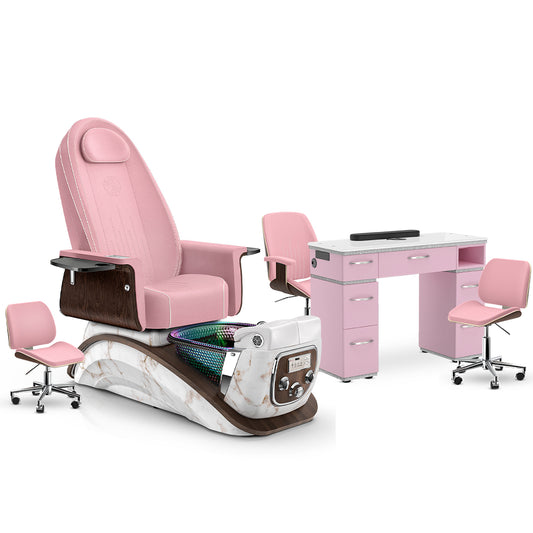 Ice Pink-White Moonstone-Pink Lexor Mystique Pedicure Chair and Matching Nail Table Set