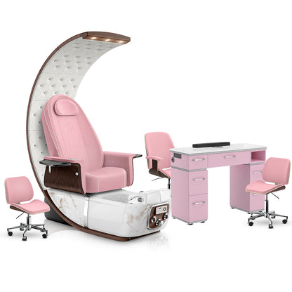 Ice Pink-White Moonstone-Opal-Pink Lexor PRIVÉ Lounge Pedicure Chair and Matching PRIVÉ Nail Table Set