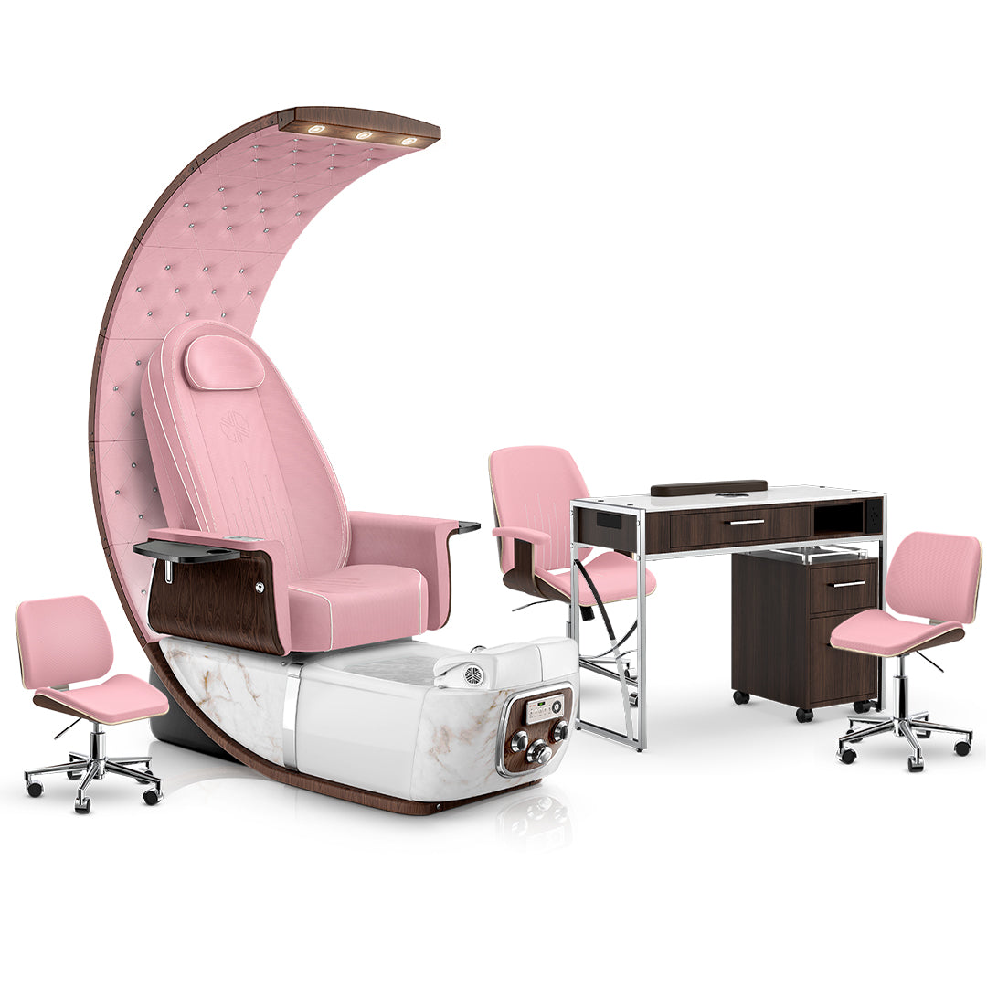 Ice Pink-White Moonstone-Pink-Dark Walnut Lexor PRIVÉ Lounge Pedicure Chair and Matching PRIVÉ Nail Table Set