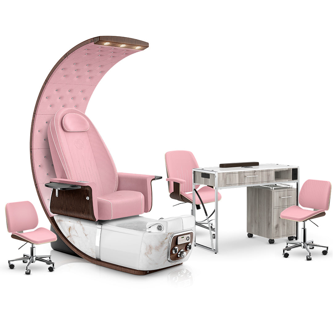 Ice Pink-White Moonstone-Pink-Hazel Lexor PRIVÉ Lounge Pedicure Chair and Matching PRIVÉ Nail Table Set
