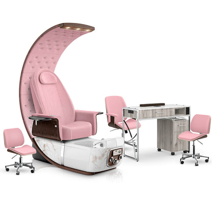Ice Pink-White Moonstone-Pink-Hazel Lexor PRIVÉ Lounge Pedicure Chair and Matching PRIVÉ Nail Table Set