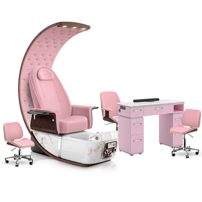 Ice Pink-White Moonstone-Pink-Pink Lexor PRIVÉ Lounge Pedicure Chair and Matching PRIVÉ Nail Table Set