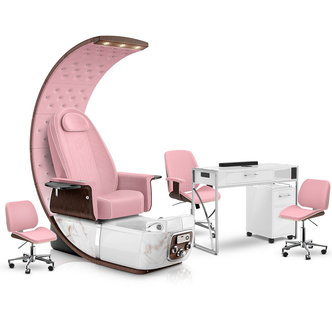 Ice Pink-White Moonstone-Pink-White Lexor PRIVÉ Lounge Pedicure Chair and Matching PRIVÉ Nail Table Set